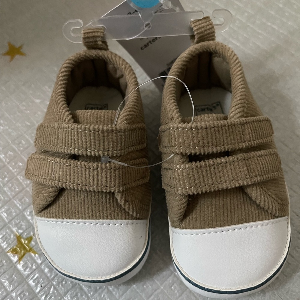 NEW crib shoes. Beige, Velcro strap Carters 3-6 mo. Tags still on.